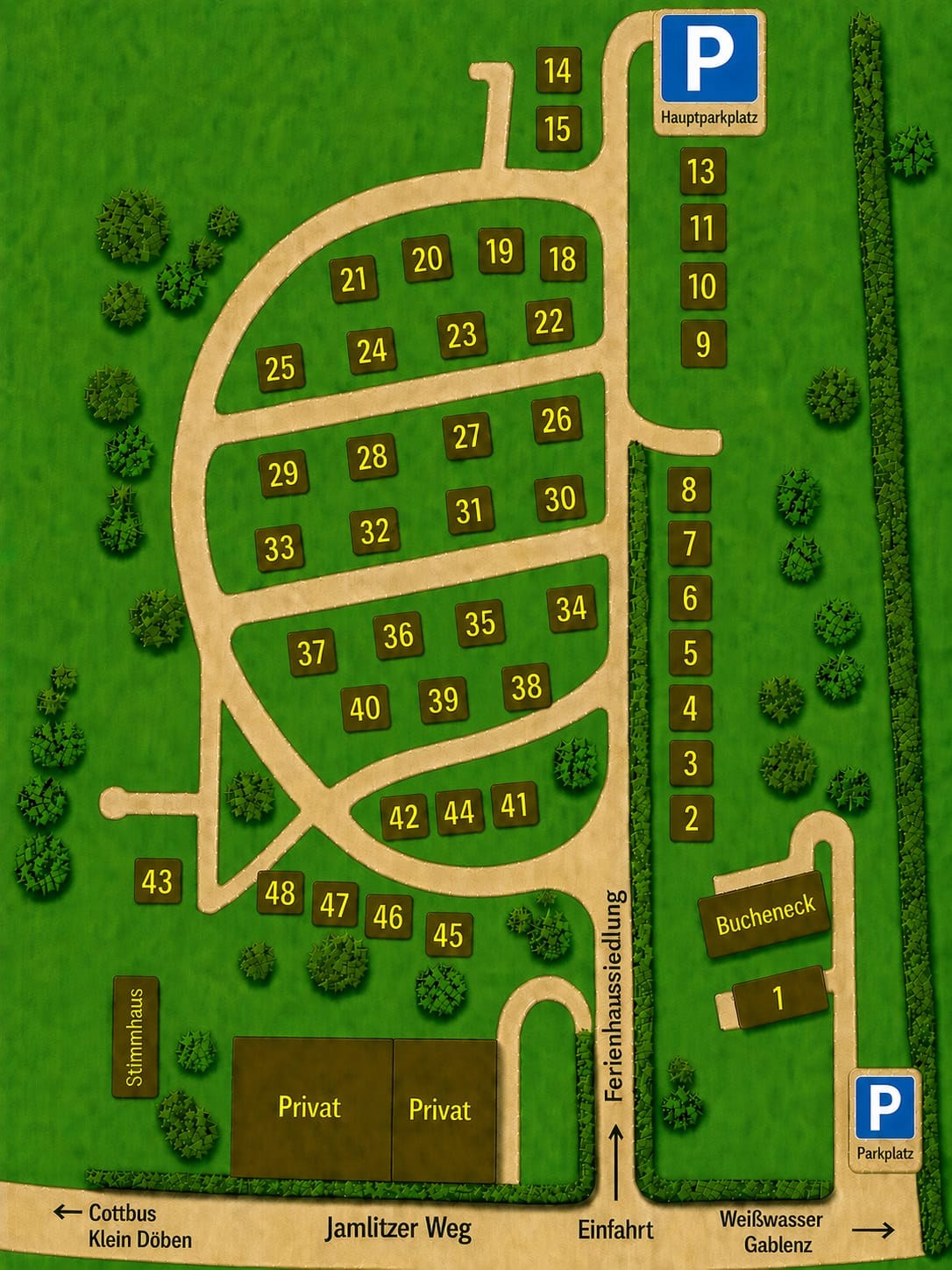 Lageplan der Ferienhaussiedlung: Einfahrt vom Jämlitzer Weg unten, Haus 4 rechts am Hauptweg und Haus 28 im mittleren linken Bereich. Zwei gemeinsame Parkplätze liegen oben und unten rechts.